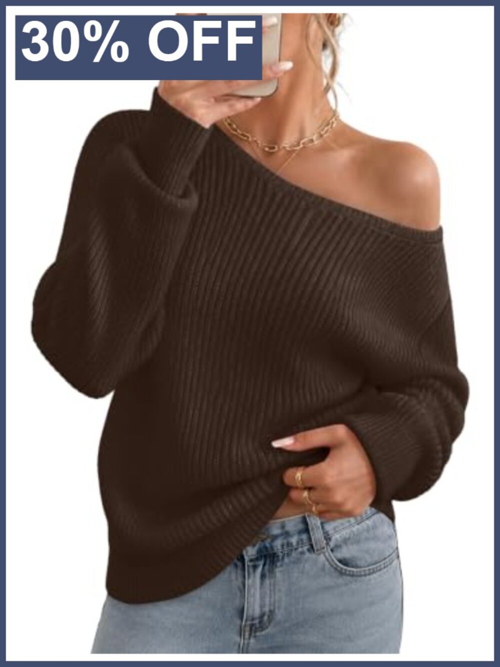 Off Shoulder Long Sleeve Crochet Knit Sweater Pullover